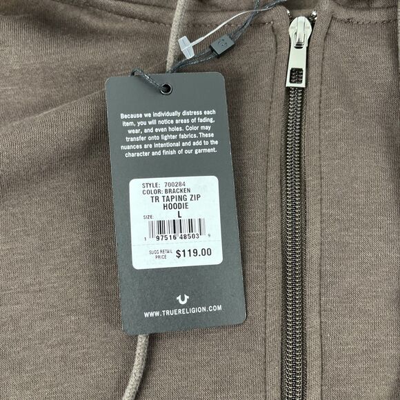 New Mens True Religion Spellout Logo Taping Full Zip Hoodie Size Large Brown NWT - Picture 6 of 9